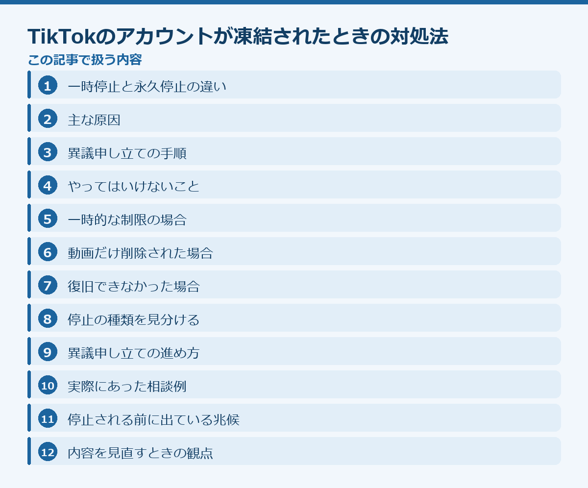 TikTokのアカウントが凍結されたときの対処法の記事構成図