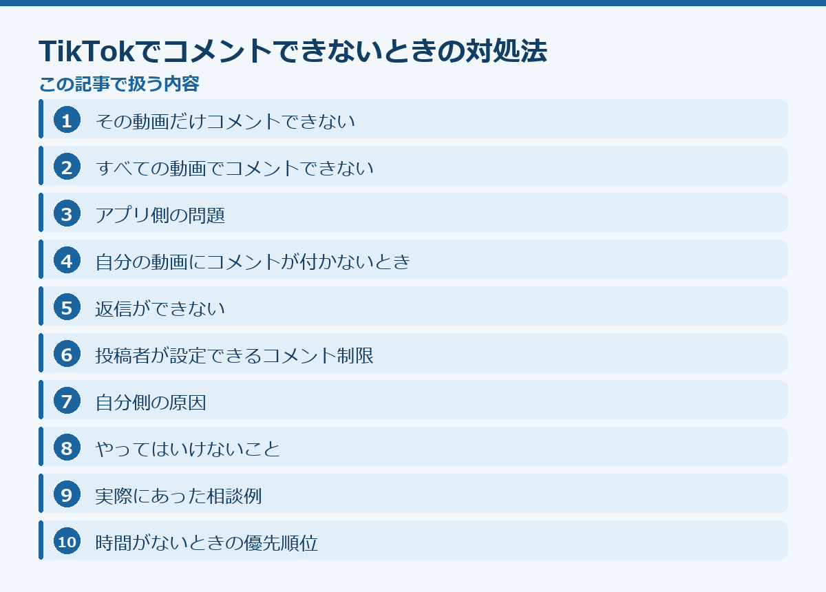 TikTokでコメントできないときの対処法の記事構成図