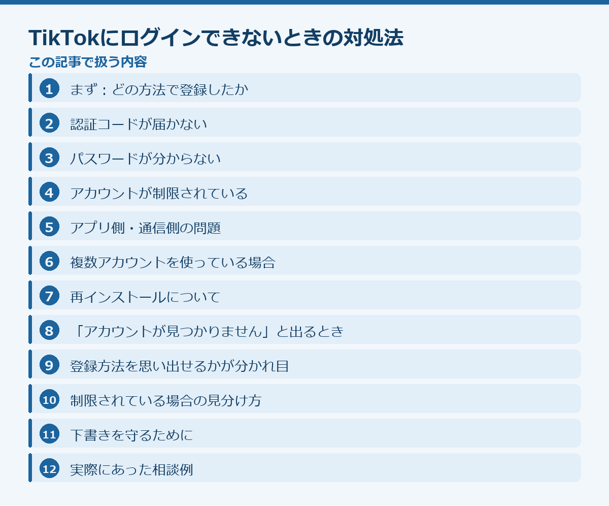 TikTokにログインできないときの対処法の記事構成図