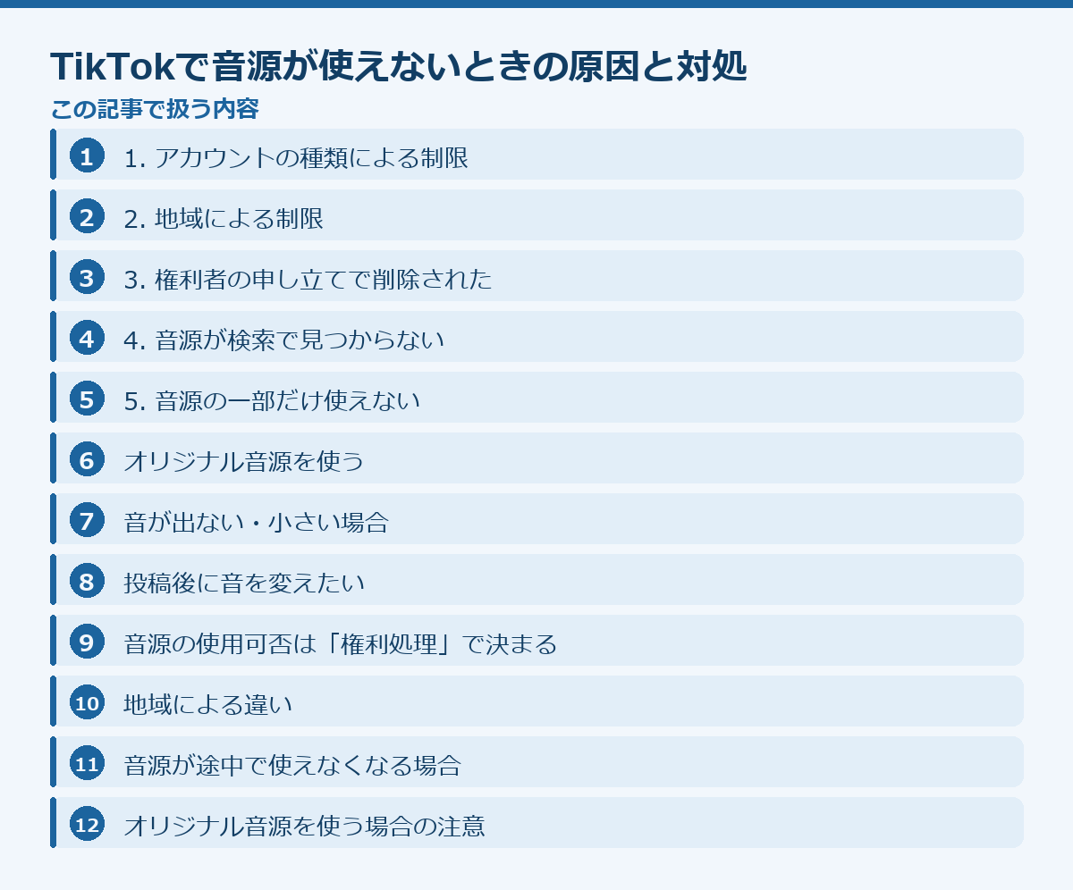 TikTokで音源が使えないときの原因と対処の記事構成図